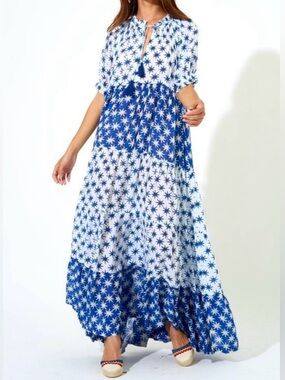 Oliphant Puff Sleeve Tiered Maxi Dress in Virgo Blue Star Size Large